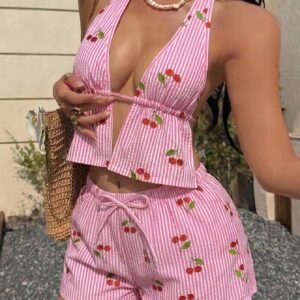 Pink Striped Cherry Print Pajama Set